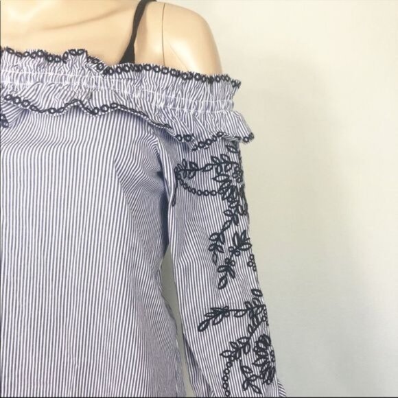 Market Spruce Blue Striped Off Shoulder Mini Dress Embroidered Sleeves Small - Picture 6 of 7